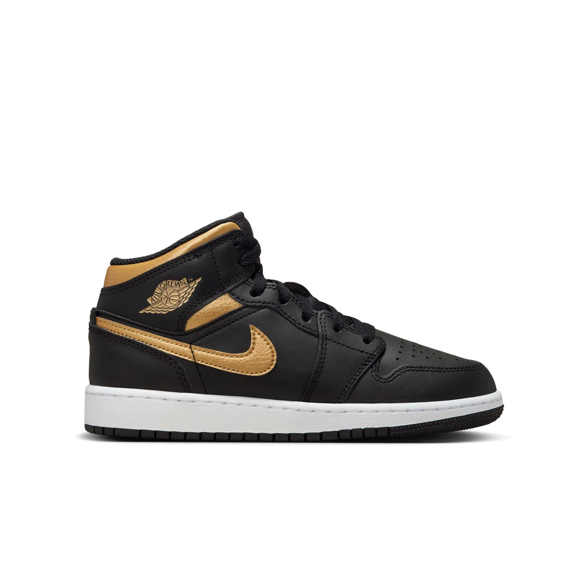 Jordan 1 Mid "Black/Metallic Gold/White" Grade School Boys' Shoe